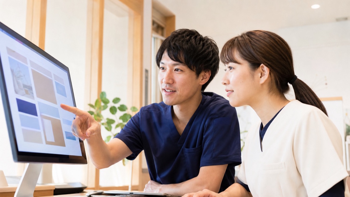 院内でホームページを更新するスタッフ